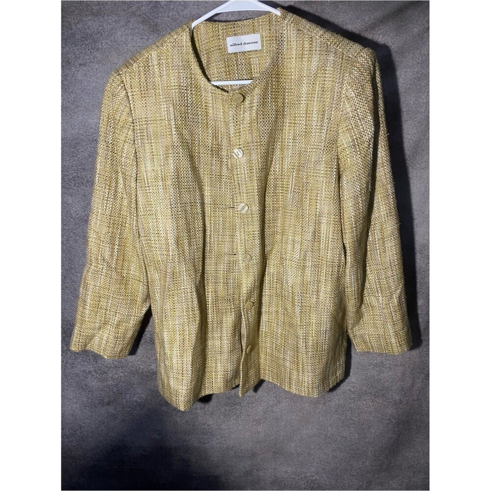 Vintage Alfred Dunner Gold Woven Tweed Collarless Button Front Jacket Women's L